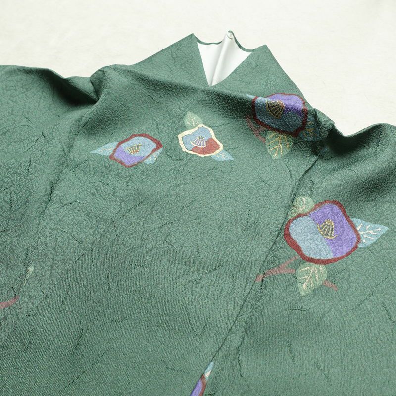 小紋 正絹 花柄 袷仕立て 身丈157cm 裄丈67cm 箔 着物 緑・うぐいす色_画像14