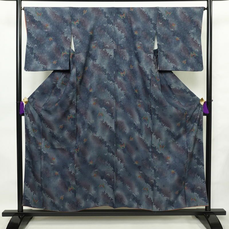 小紋 丹後ちりめん 正絹 蝶・昆虫柄 袷仕立て 身丈156cm 裄丈66cm 着物 青・紺_画像1