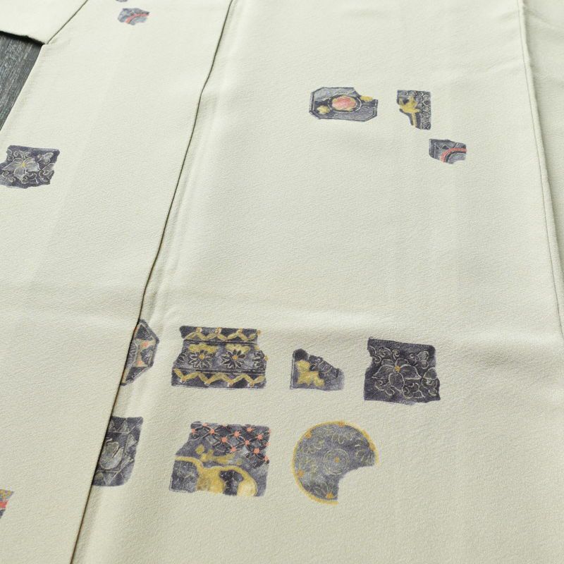 小紋 縮緬 正絹 幾何学柄・抽象柄 袷仕立て 身丈165cm 裄丈66cm 着物 グレー_画像5