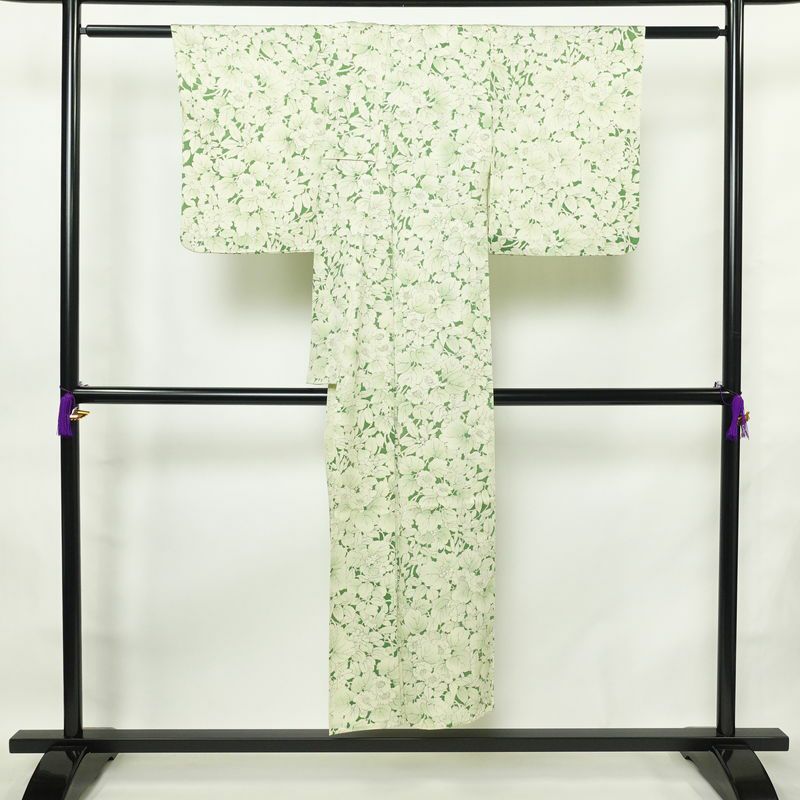 単衣 小紋 良品 正絹 花柄 単衣仕立て 身丈145.5cm 裄丈63cm 着物 緑・うぐいす色_画像2