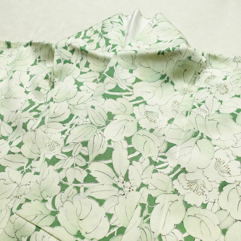 単衣 小紋 良品 正絹 花柄 単衣仕立て 身丈145.5cm 裄丈63cm 着物 緑・うぐいす色_画像16