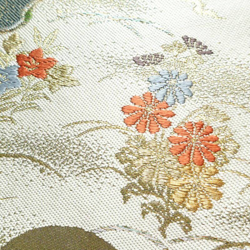 名古屋帯 秀彩錦 太鼓柄 良品 正絹 木の葉・植物柄 名古屋仕立て 箔 金糸 帯 緑・うぐいす色_画像3