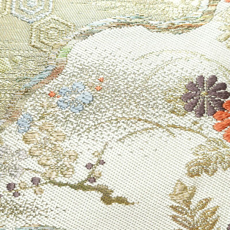 名古屋帯 秀彩錦 太鼓柄 良品 正絹 木の葉・植物柄 名古屋仕立て 箔 金糸 帯 緑・うぐいす色_画像4