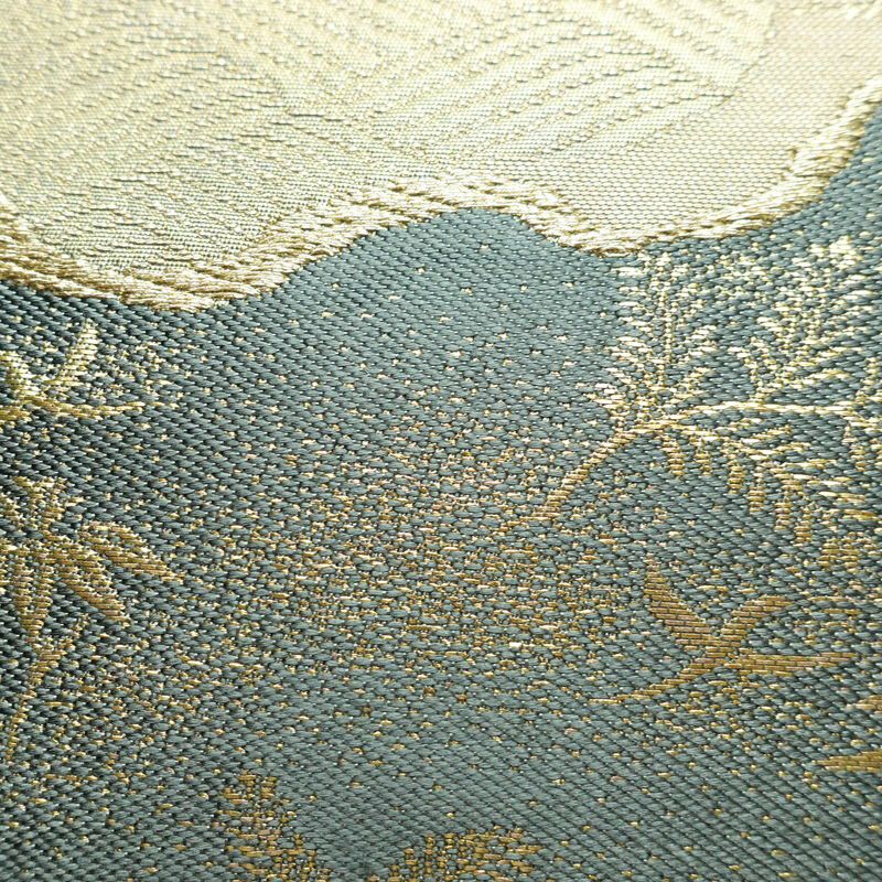 名古屋帯 秀彩錦 太鼓柄 良品 正絹 木の葉・植物柄 名古屋仕立て 箔 金糸 帯 緑・うぐいす色_画像7