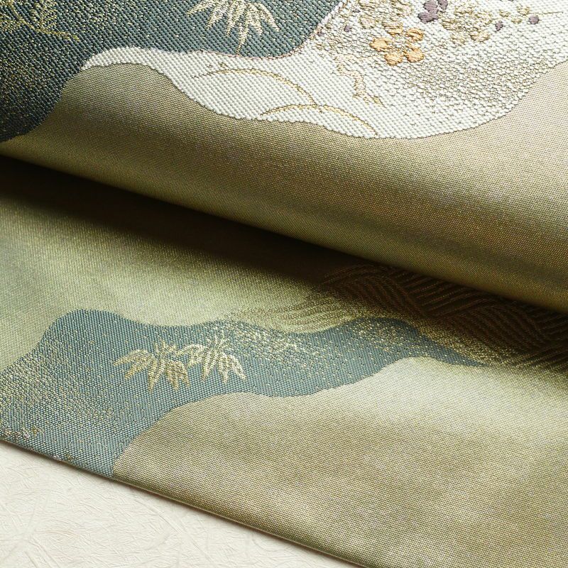 名古屋帯 秀彩錦 太鼓柄 良品 正絹 木の葉・植物柄 名古屋仕立て 箔 金糸 帯 緑・うぐいす色_画像8