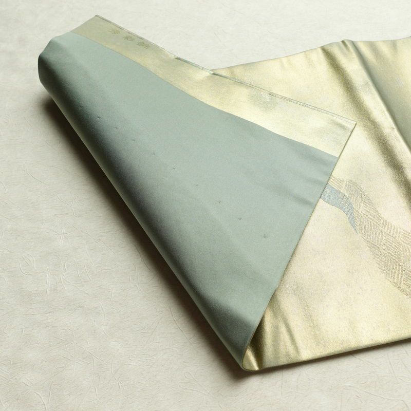 名古屋帯 秀彩錦 太鼓柄 良品 正絹 木の葉・植物柄 名古屋仕立て 箔 金糸 帯 緑・うぐいす色_画像10