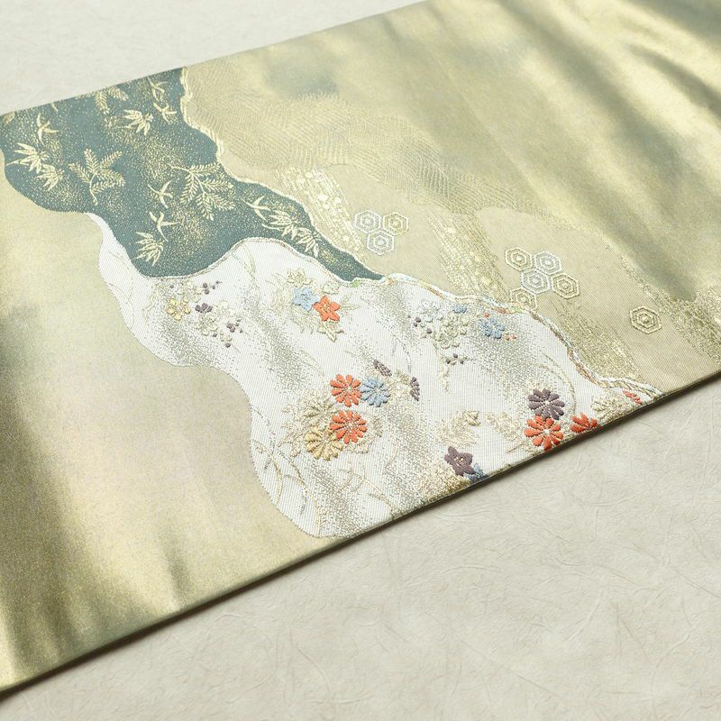 名古屋帯 秀彩錦 太鼓柄 良品 正絹 木の葉・植物柄 名古屋仕立て 箔 金糸 帯 緑・うぐいす色_画像11