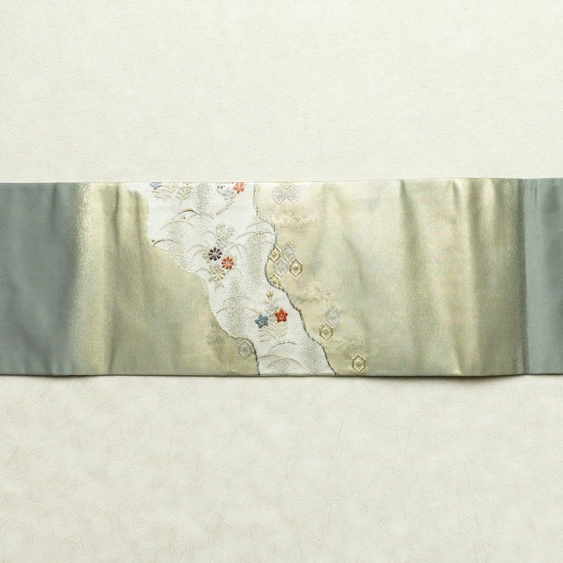 名古屋帯 秀彩錦 太鼓柄 良品 正絹 木の葉・植物柄 名古屋仕立て 箔 金糸 帯 緑・うぐいす色_画像13