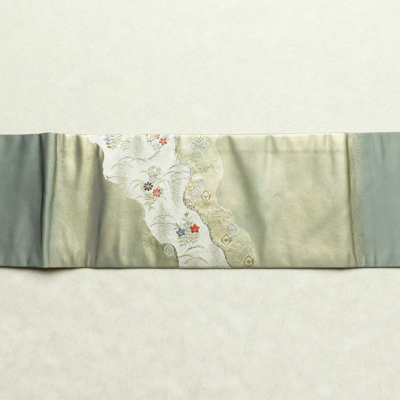 名古屋帯 秀彩錦 太鼓柄 良品 正絹 木の葉・植物柄 名古屋仕立て 箔 金糸 帯 緑・うぐいす色_画像14