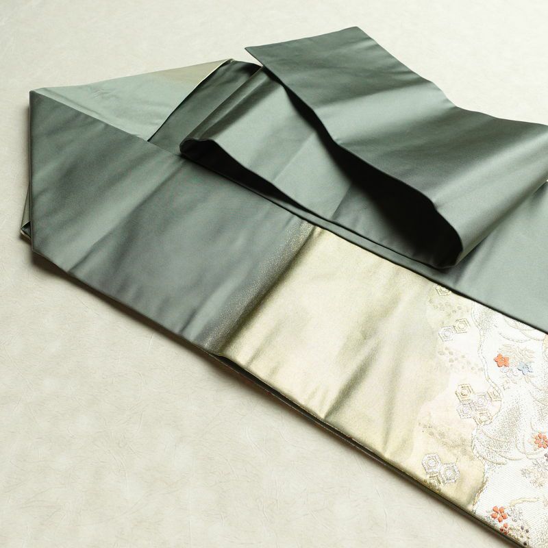名古屋帯 秀彩錦 太鼓柄 良品 正絹 木の葉・植物柄 名古屋仕立て 箔 金糸 帯 緑・うぐいす色_画像21