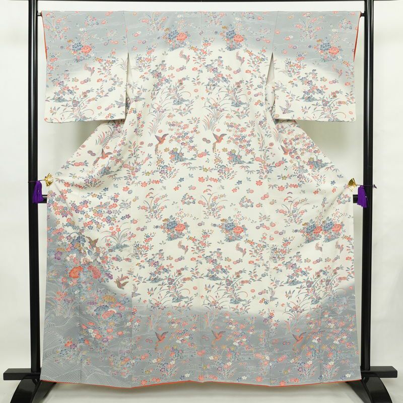 訪問着 縮緬 正絹 花柄 袷仕立て 身丈161cm 裄丈66.5cm フォーマル 着物 多色使い_画像1