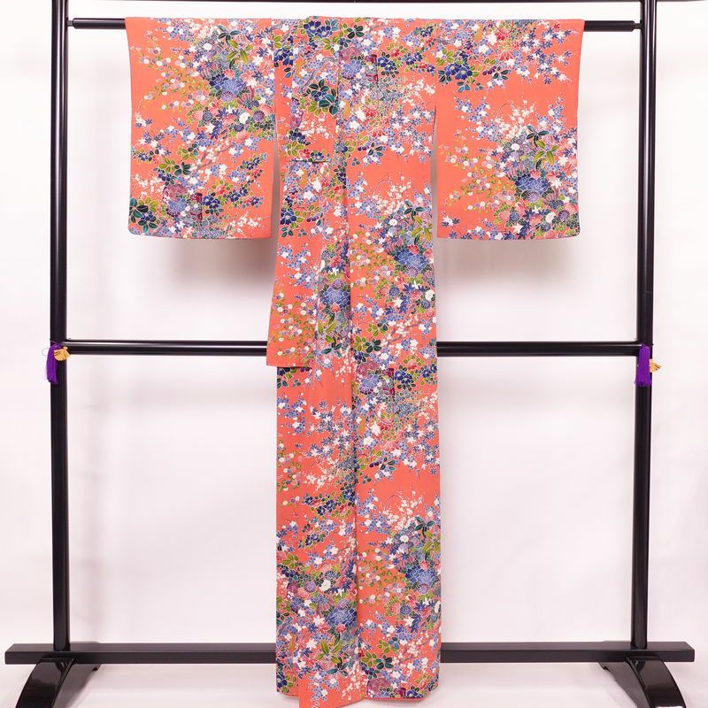 小紋 正絹 花柄 袷仕立て 身丈160cm 裄丈66.5cm 着物 ピンク_画像2