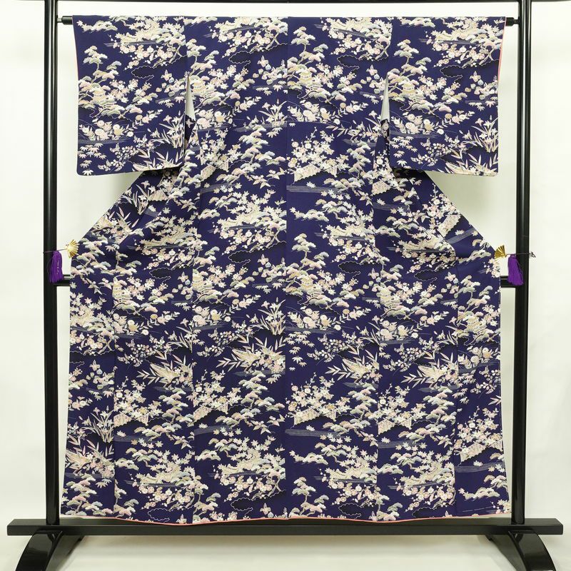 小紋 一方付 縮緬 正絹 古典柄 袷仕立て 身丈155.5cm 裄丈63.5cm 着物 青・紺_画像1