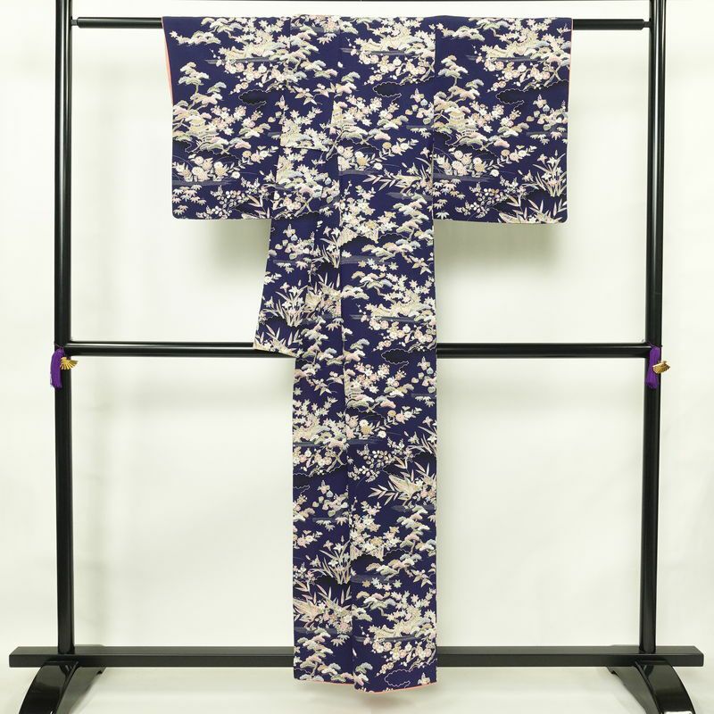 小紋 一方付 縮緬 正絹 古典柄 袷仕立て 身丈155.5cm 裄丈63.5cm 着物 青・紺_画像2