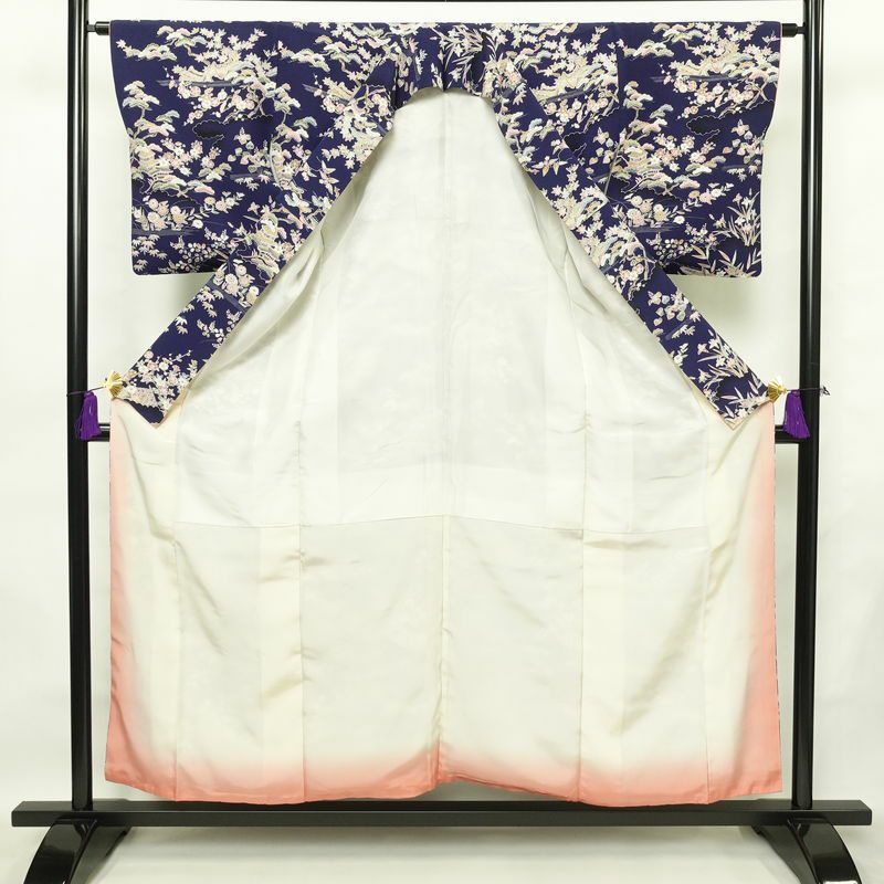 小紋 一方付 縮緬 正絹 古典柄 袷仕立て 身丈155.5cm 裄丈63.5cm 着物 青・紺_画像3