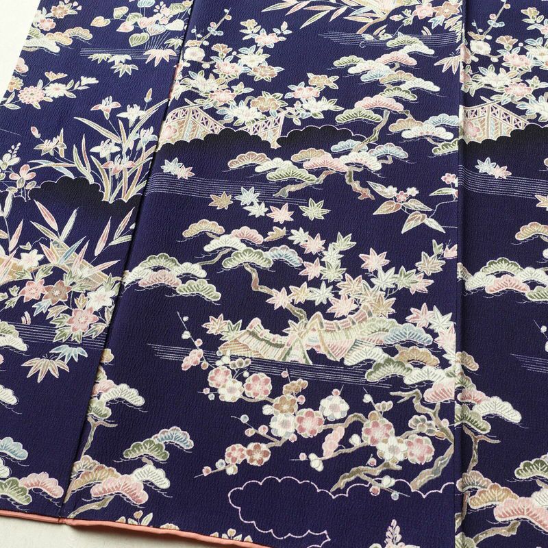 小紋 一方付 縮緬 正絹 古典柄 袷仕立て 身丈155.5cm 裄丈63.5cm 着物 青・紺_画像4