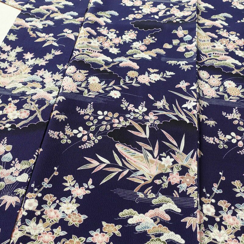 小紋 一方付 縮緬 正絹 古典柄 袷仕立て 身丈155.5cm 裄丈63.5cm 着物 青・紺_画像5