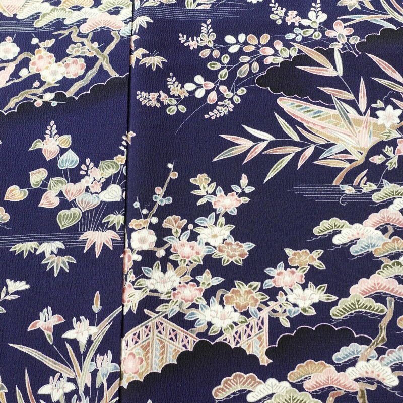小紋 一方付 縮緬 正絹 古典柄 袷仕立て 身丈155.5cm 裄丈63.5cm 着物 青・紺_画像6