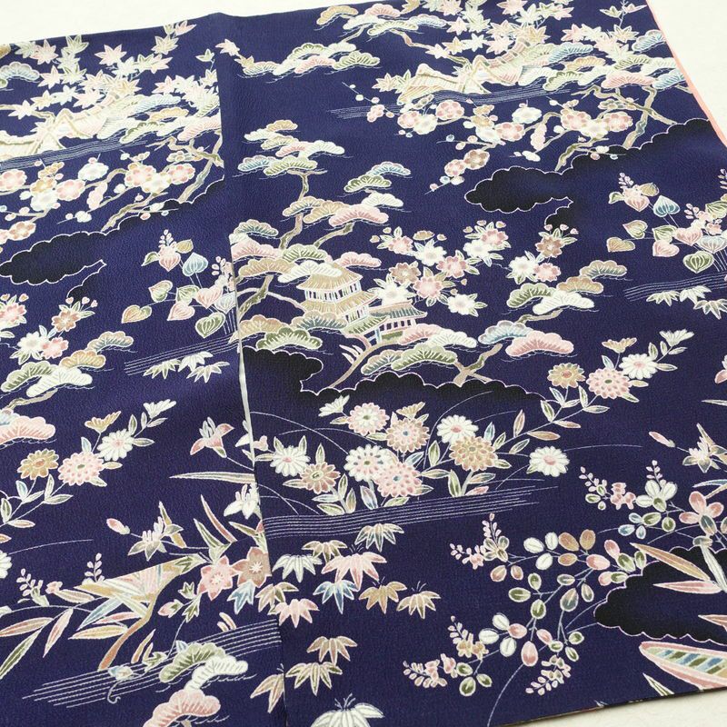 小紋 一方付 縮緬 正絹 古典柄 袷仕立て 身丈155.5cm 裄丈63.5cm 着物 青・紺_画像14