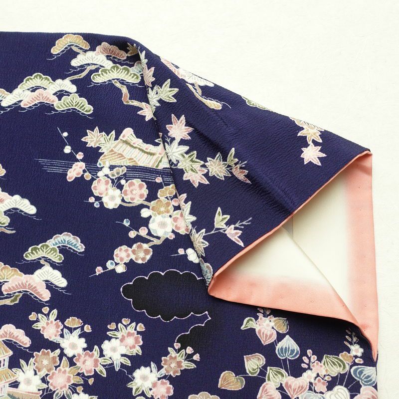 小紋 一方付 縮緬 正絹 古典柄 袷仕立て 身丈155.5cm 裄丈63.5cm 着物 青・紺_画像15