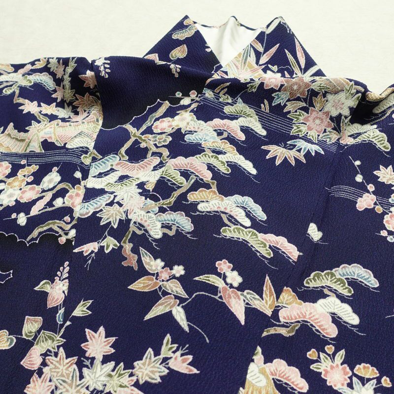 小紋 一方付 縮緬 正絹 古典柄 袷仕立て 身丈155.5cm 裄丈63.5cm 着物 青・紺_画像17