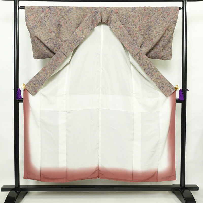 小紋 良品 丹後ちりめん 縮緬 正絹 木の葉・植物柄 袷仕立て 身丈152.5cm 裄丈64.5cm 着物 紫・藤色_画像3