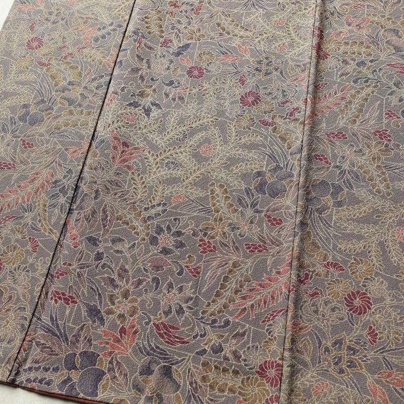 小紋 良品 丹後ちりめん 縮緬 正絹 木の葉・植物柄 袷仕立て 身丈152.5cm 裄丈64.5cm 着物 紫・藤色_画像4