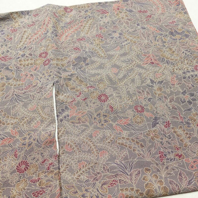 小紋 良品 丹後ちりめん 縮緬 正絹 木の葉・植物柄 袷仕立て 身丈152.5cm 裄丈64.5cm 着物 紫・藤色_画像13