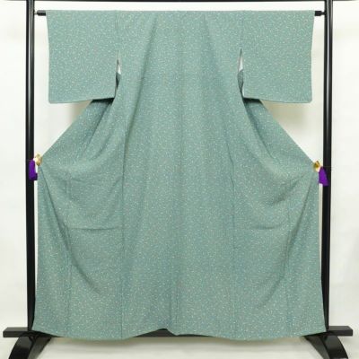 小紋 しつけ糸付き 縮緬 正絹 幾何学柄・抽象柄 袷仕立て 身丈158cm 裄丈64cm 着物 緑・うぐいす色