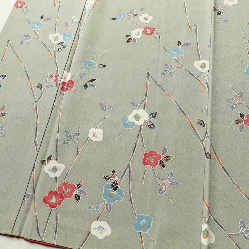 小紋 縮緬 正絹 花柄 袷仕立て 身丈163cm 裄丈67cm 箔 着物 緑・うぐいす色_画像4