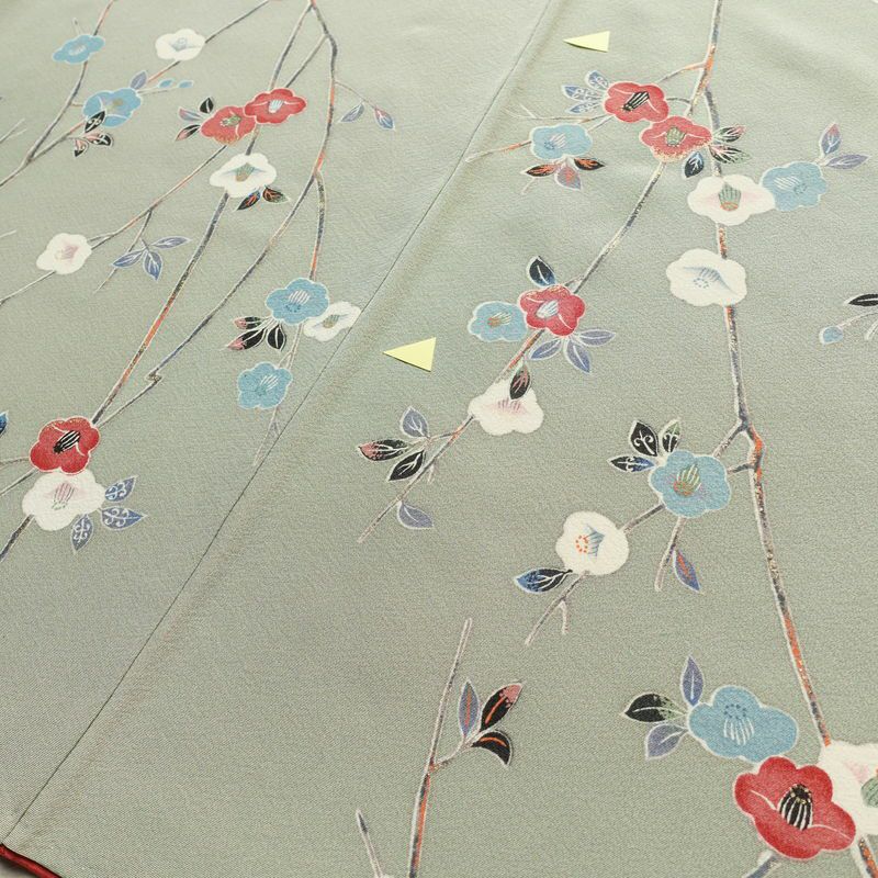 小紋 縮緬 正絹 花柄 袷仕立て 身丈163cm 裄丈67cm 箔 着物 緑・うぐいす色_画像11
