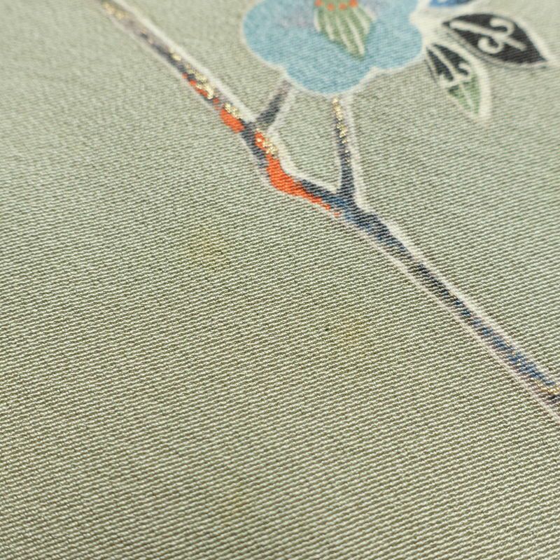 小紋 縮緬 正絹 花柄 袷仕立て 身丈163cm 裄丈67cm 箔 着物 緑・うぐいす色_画像14