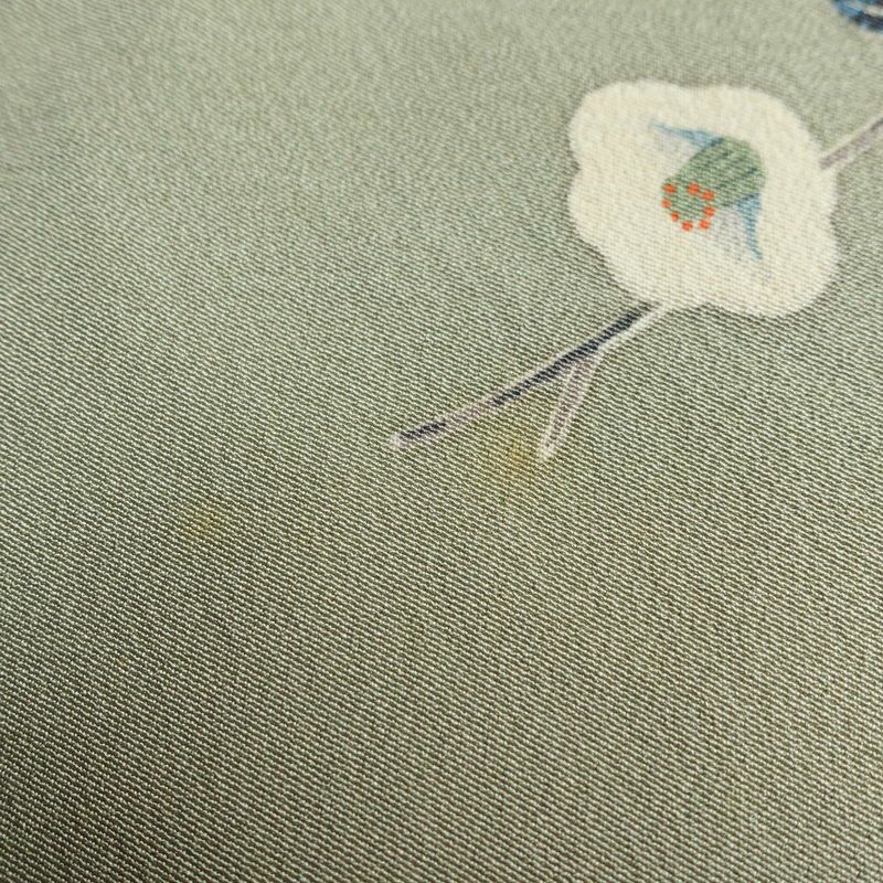 小紋 縮緬 正絹 花柄 袷仕立て 身丈163cm 裄丈67cm 箔 着物 緑・うぐいす色_画像15