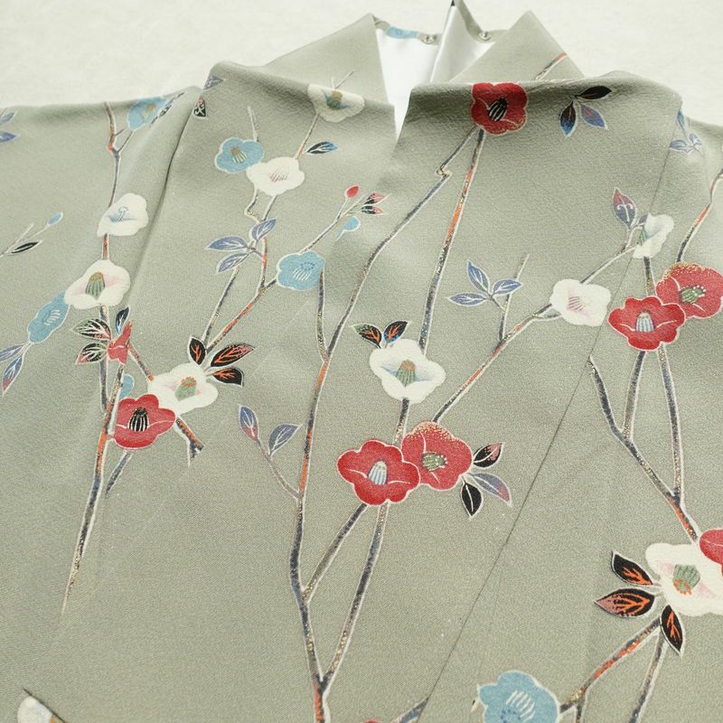 小紋 縮緬 正絹 花柄 袷仕立て 身丈163cm 裄丈67cm 箔 着物 緑・うぐいす色_画像17