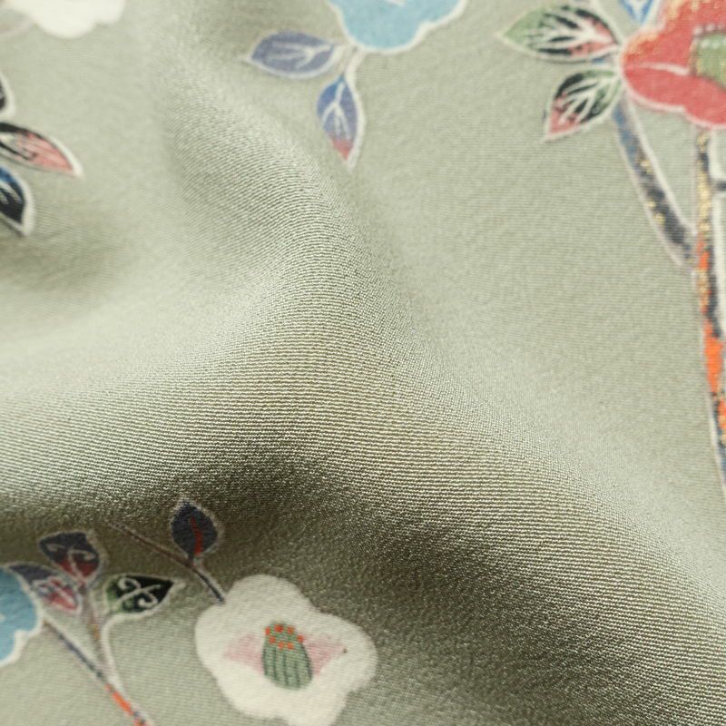 小紋 縮緬 正絹 花柄 袷仕立て 身丈163cm 裄丈67cm 箔 着物 緑・うぐいす色_画像21