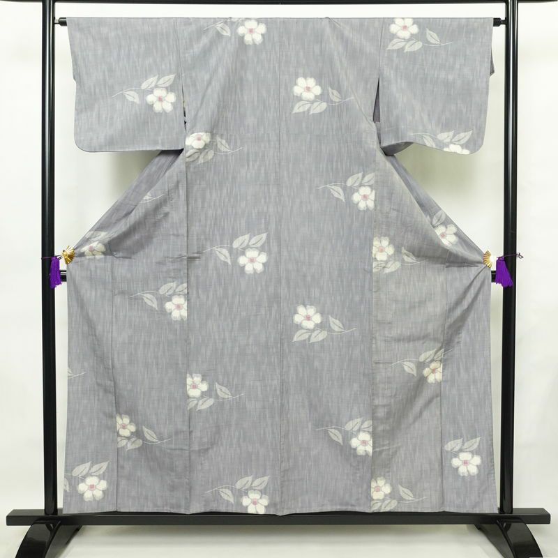 単衣 紬 正絹 花柄 単衣仕立て 身丈158.5cm 裄丈64.5cm 着物 青・紺_画像1