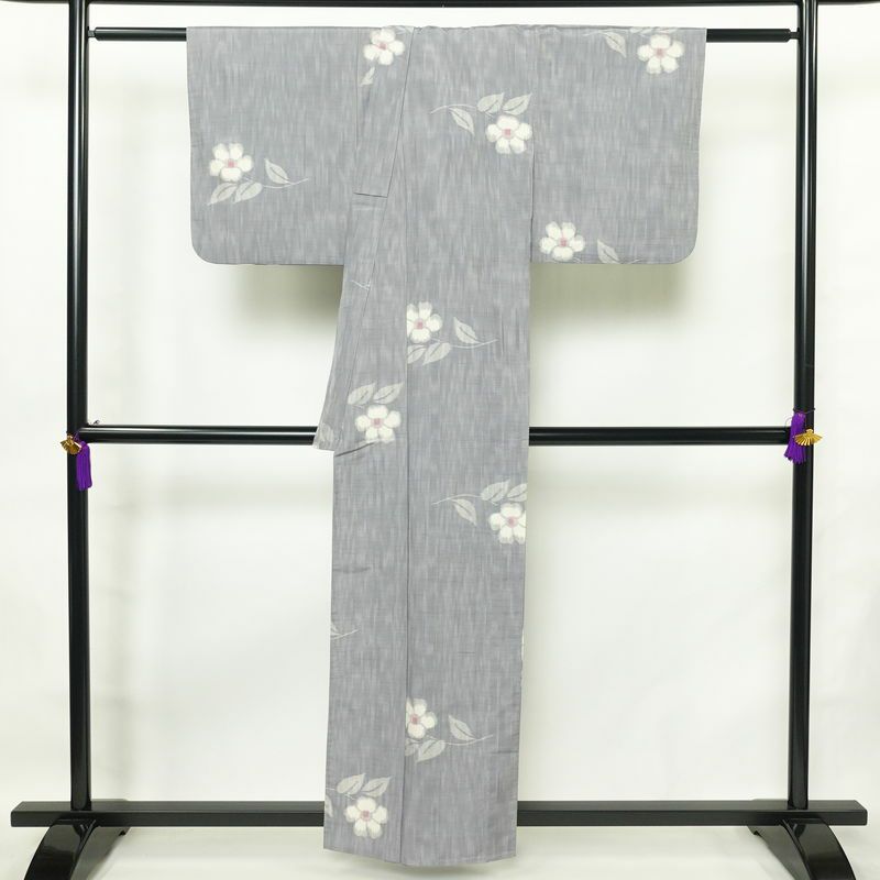 単衣 紬 正絹 花柄 単衣仕立て 身丈158.5cm 裄丈64.5cm 着物 青・紺_画像2