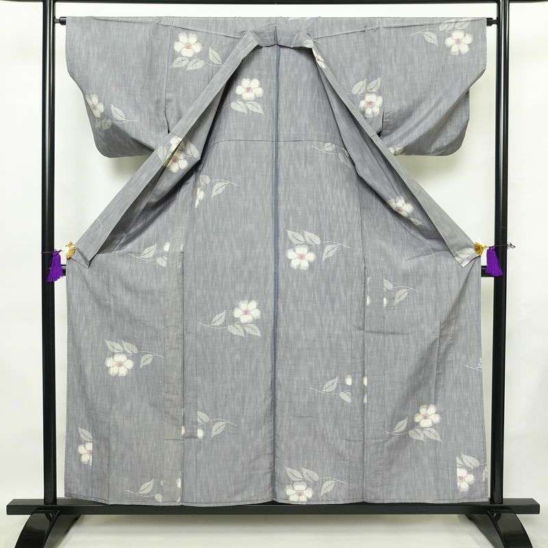 単衣 紬 正絹 花柄 単衣仕立て 身丈158.5cm 裄丈64.5cm 着物 青・紺_画像3