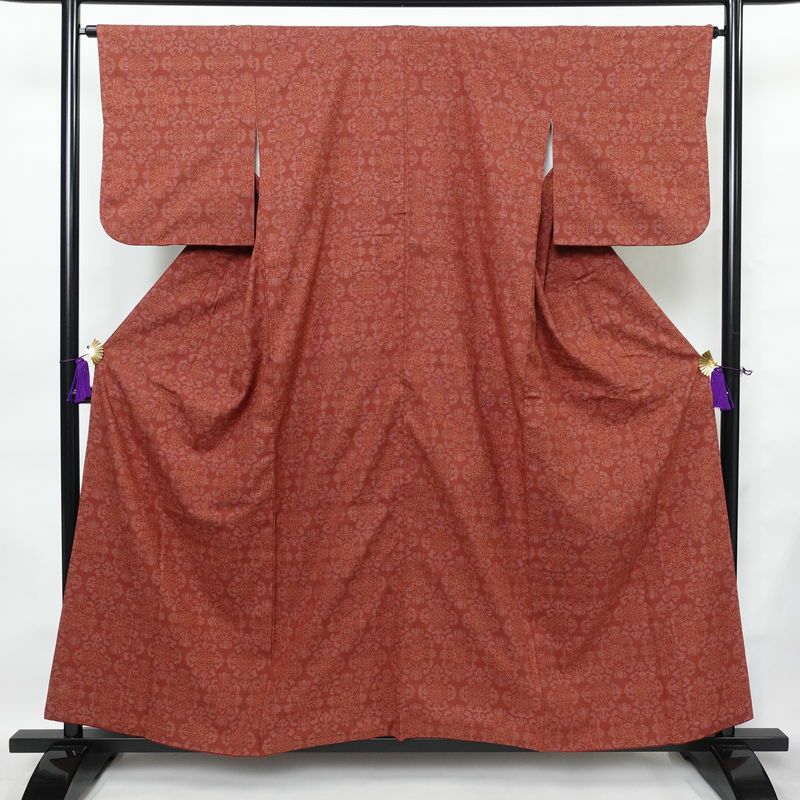 紬 正絹 幾何学柄・抽象柄 袷仕立て 身丈157.5cm 裄丈65.5cm 着物 小豆・エンジ_画像1