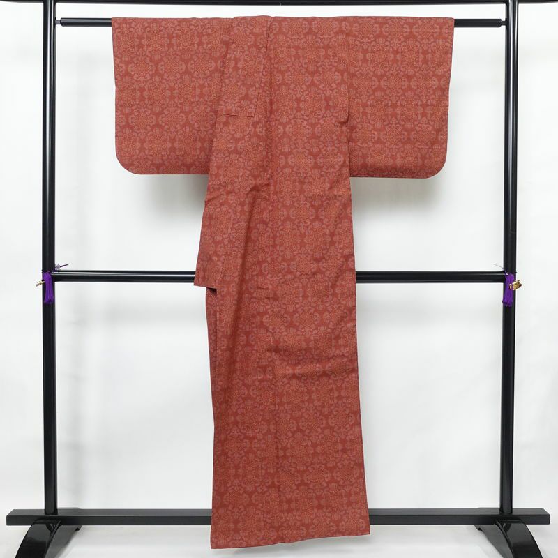 紬 正絹 幾何学柄・抽象柄 袷仕立て 身丈157.5cm 裄丈65.5cm 着物 小豆・エンジ_画像2