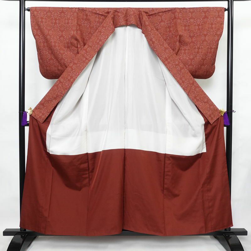 紬 正絹 幾何学柄・抽象柄 袷仕立て 身丈157.5cm 裄丈65.5cm 着物 小豆・エンジ_画像3