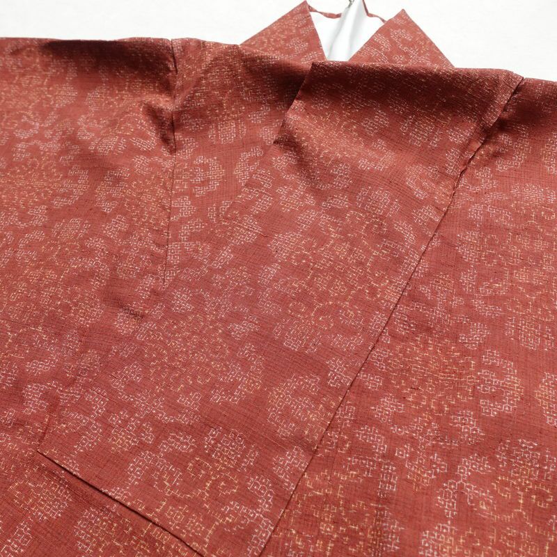 紬 正絹 幾何学柄・抽象柄 袷仕立て 身丈157.5cm 裄丈65.5cm 着物 小豆・エンジ_画像15
