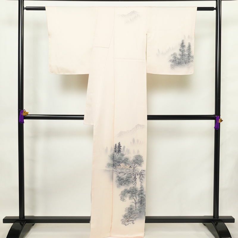 付け下げ しつけ糸付き 一つ紋付き 正絹 風景柄 袷仕立て 身丈163.5cm 裄丈67cm フォーマル 着物 ピンク_画像2