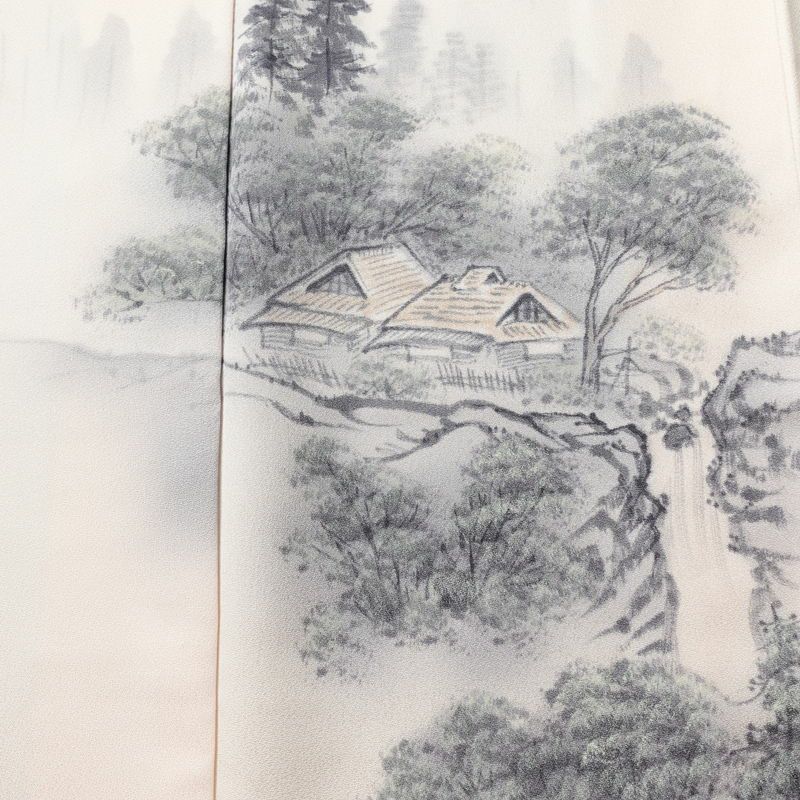 付け下げ しつけ糸付き 一つ紋付き 正絹 風景柄 袷仕立て 身丈163.5cm 裄丈67cm フォーマル 着物 ピンク_画像6