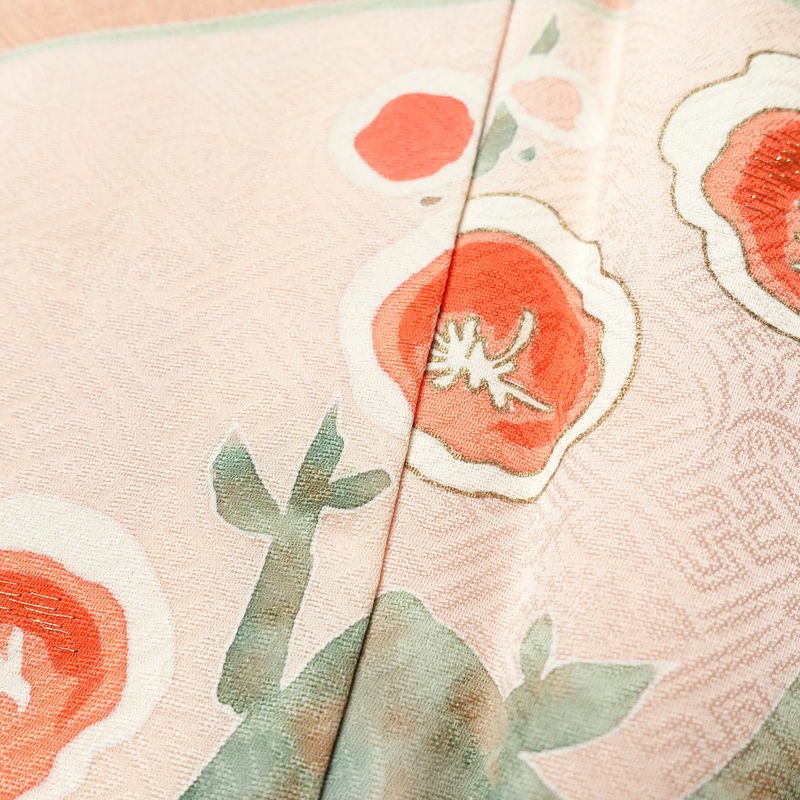 色留袖 三つ紋付き 正絹 花柄 袷仕立て 身丈166cm 裄丈69cm 箔 刺繍 共八掛 金彩 フォーマル 着物 ピンク_画像7