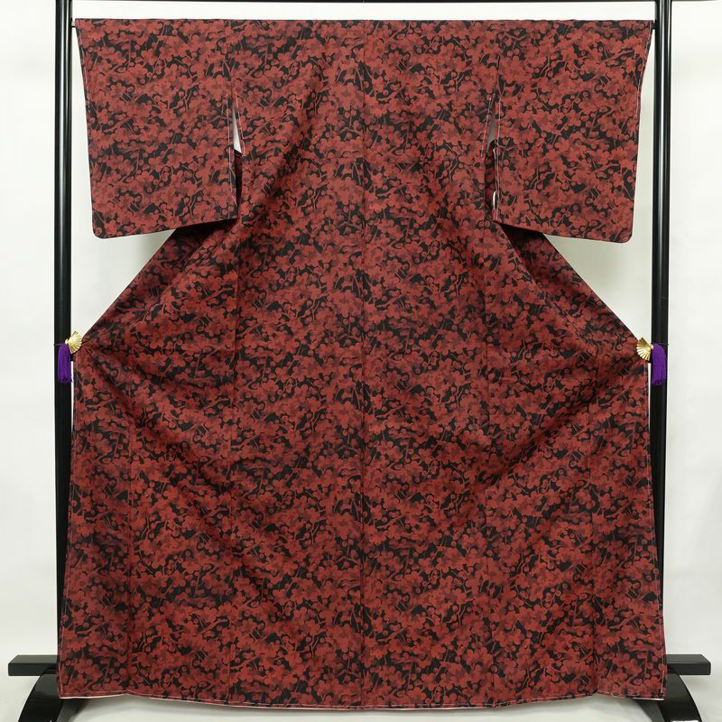 小紋 しつけ糸付き 正絹 花柄 袷仕立て 身丈167cm 裄丈67.5cm 着物 黒_画像1