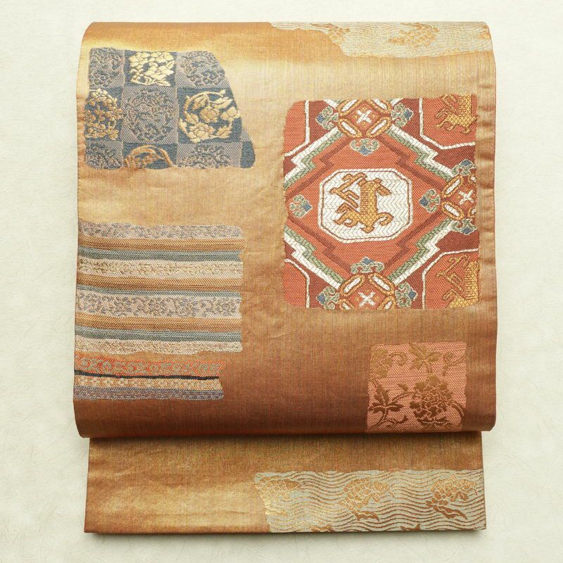 袋帯 利久名物裂 六通柄 良品 フォーマル用 正絹 幾何学柄・抽象柄 箔 金糸 帯 橙_画像1