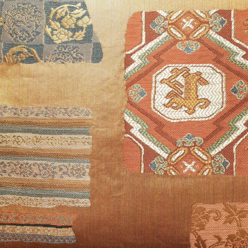 袋帯 利久名物裂 六通柄 良品 フォーマル用 正絹 幾何学柄・抽象柄 箔 金糸 帯 橙_画像2