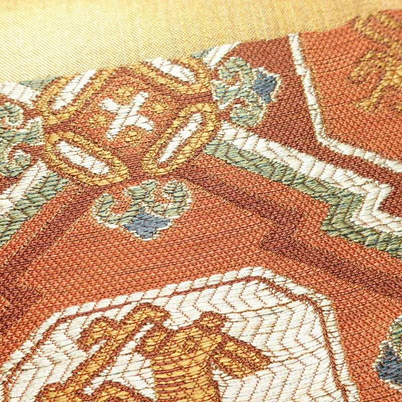 袋帯 利久名物裂 六通柄 良品 フォーマル用 正絹 幾何学柄・抽象柄 箔 金糸 帯 橙_画像4
