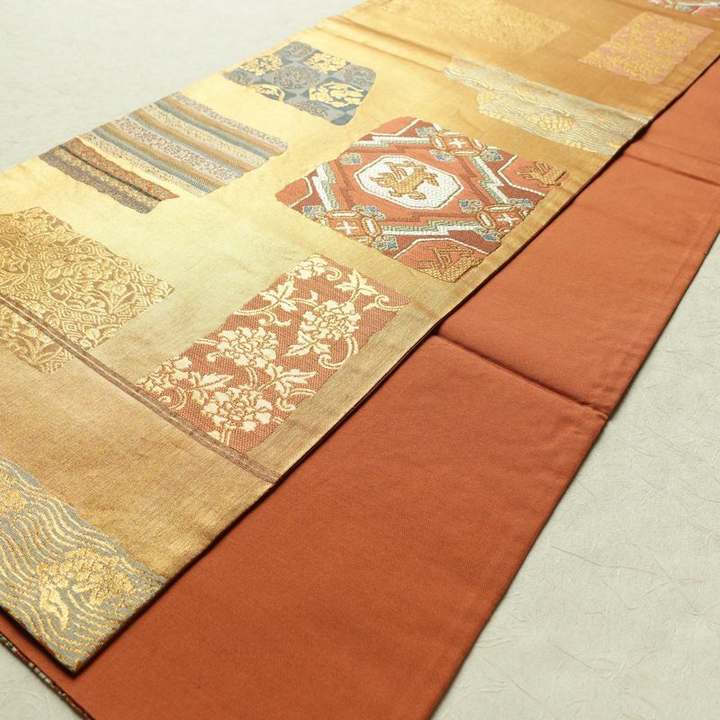 袋帯 利久名物裂 六通柄 良品 フォーマル用 正絹 幾何学柄・抽象柄 箔 金糸 帯 橙_画像8